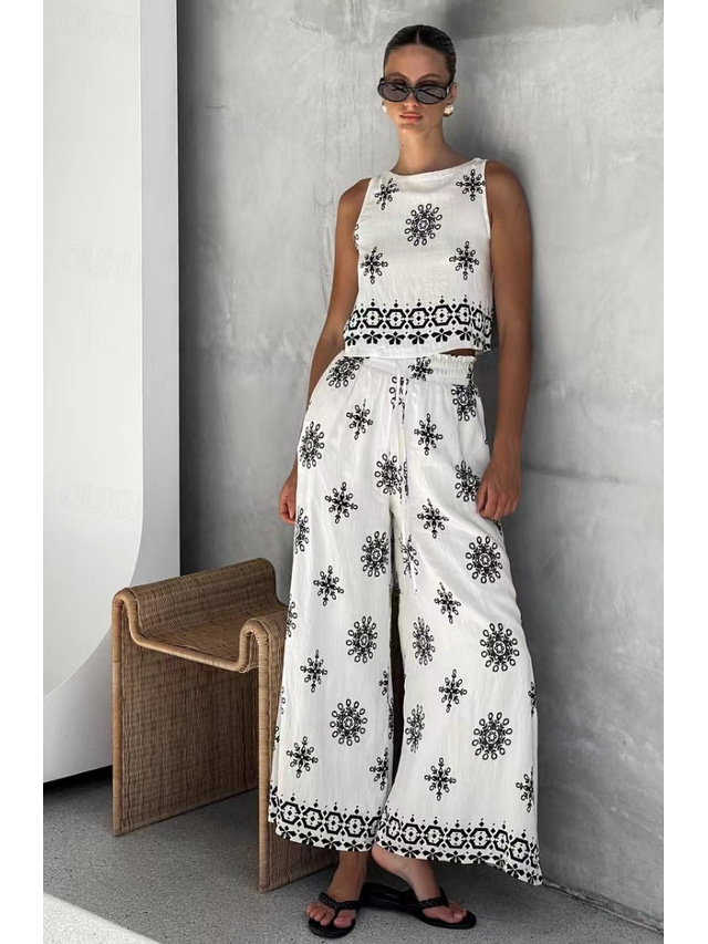  Women's 2 Pieces Fashion Streetwear Daily Pants Sets Sleeveless Crew Neck Graphic Paisley Drawstring Vacation Casual Daily White Summer Loose Fit