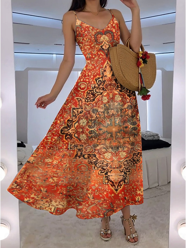  Pentru femei Rochie Maxi Rochie A line Rochie Slip Vacanță Casual Boho Ieșire Plajă Fit standard Floral Grafic Fără manșon În V Roșu-aprins Portocaliu Vară Primăvară