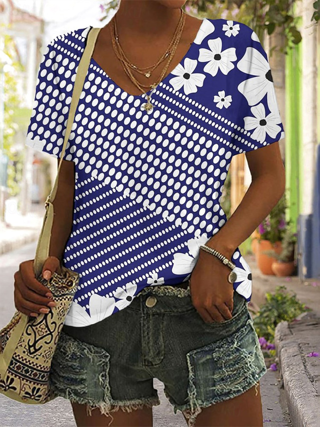  Women's T Shirt Ombre Floral Graphic Vintage Stylish Casual Short Sleeve Crew Neck Regular Tops Daily Weekend Beach Wear Print Black Navy Blue Blue Dusty Blue Rose Pink Summer Spring