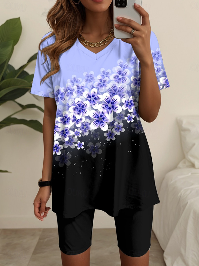  Kvinnors 2 Delar Mode T-shirt Shorts Set Kort Ärmar V Ringning Blommigt Grafiskt Tryck Avslappnad Daglig Rosa Blå Grön Sommar Vanlig Passform