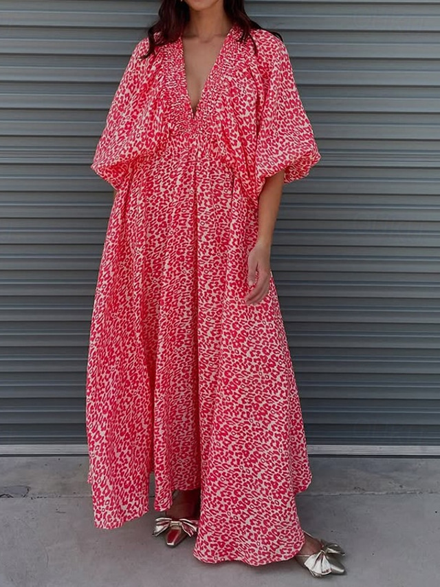  Women's Long Dress Maxi Dress Casual Dress Swing Dress Summer Dress Elegant Fashion Romantic Outdoor Holiday Date Regular Fit Leopard Half Sleeve Deep V Red Summer Spring
