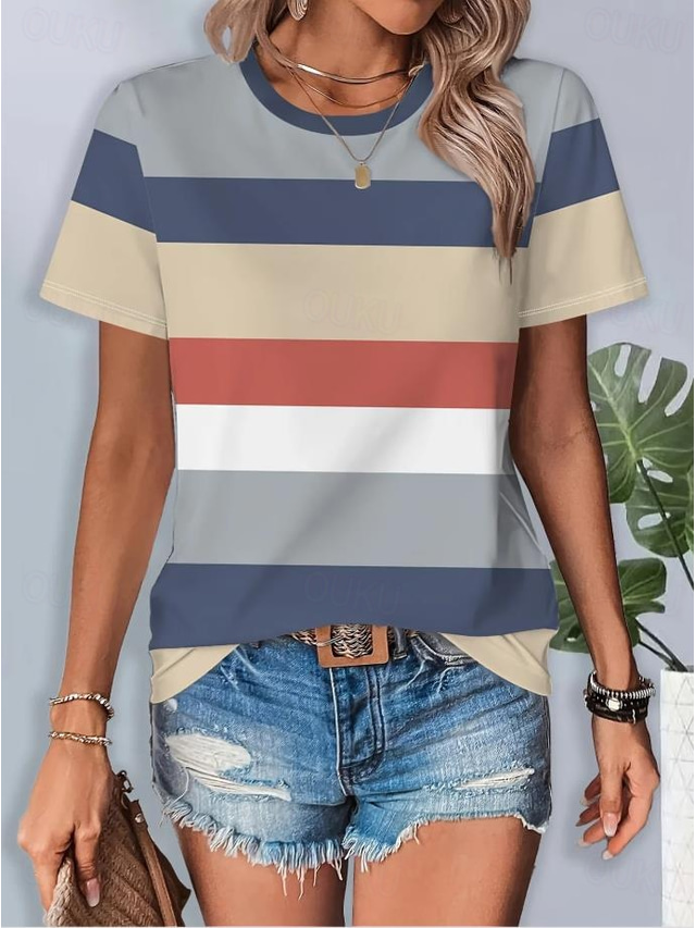  Women's T Shirt Graphic Striped Vintage Stylish Classic Short Sleeve Crew Neck Round Neck Regular Tops Daily Weekend Print Blue Summer Spring