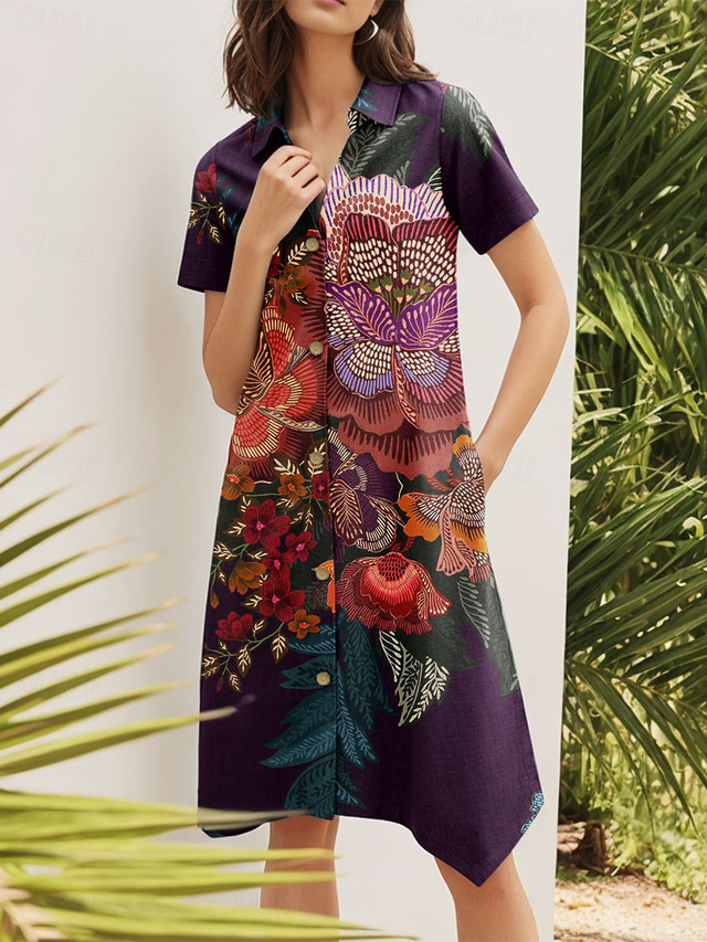  Damen Minikleid Shiftkleid Lässig Formell Halbformelle Kleider Ausgehen Standard Passform Blumen Grafik Kurzarm Umlegekragen Purpur Sommer
