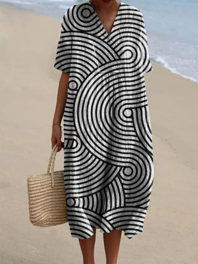  Damen Midikleid Sommerkleid A Linie Kleid Urlaub Lässig Strand Party Ausgehen Strand Lässiger Schnitt Grafik Geometrisch Kurzarm V Ausschnitt Weiß+Schwarz Dunkelbraun Asche Sommer Frühling