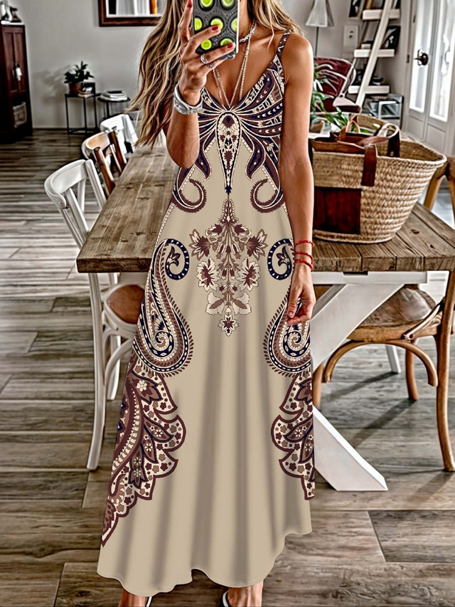  Pentru femei Rochie Maxi Rochie de Vară Rochie A line Rochie Slip Vacanță Casual Boho Ieșire Plajă Potrivire Largă Grafic Imprimeu Paisley Tribal Fără manșon În V Bretele Spagheti Kaki Vară Primăvară