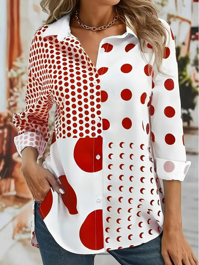  Mulheres Camisa Social Gráfico Geométrica Casual Manga Longa Colarinho de Camisa Tops regulares Trabalho Diário Patchwork Botões Imprimir Preto Vermelho Primavera Outono