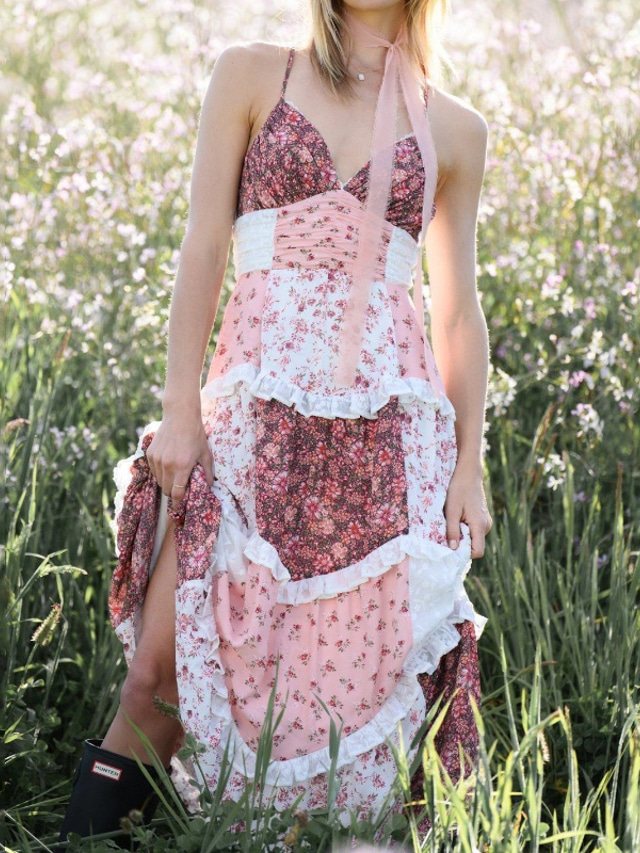  Women's Long Dress Maxi Dress Slip Dress Boho Dress Western Dress Classic Vacation Date Going out Regular Fit Flower Sleeveless Spaghetti Strap Blush Pink Pink Summer