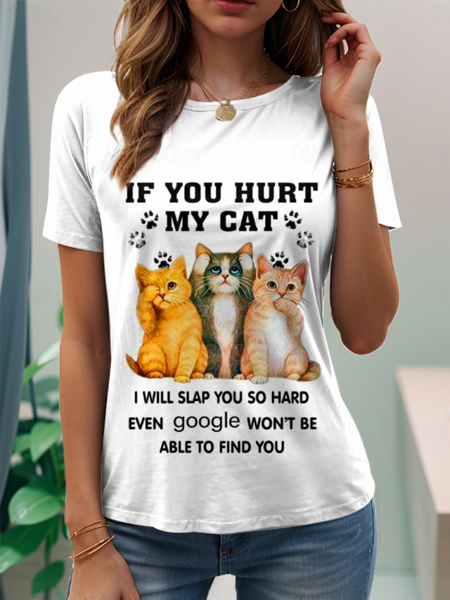  Women's T Shirt Graphic Animal Letter Stylish Classic Casual Short Sleeve Crew Neck Regular Tops Daily Print White Summer Spring