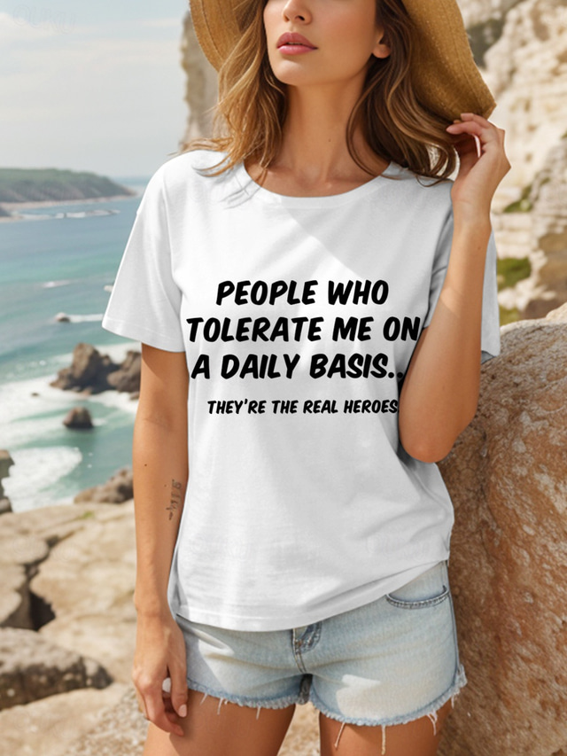 Women's T Shirt Cotton Shirt Graphic Letter Vintage Stylish Casual Short Sleeve Crew Neck Round Neck Regular Tops Daily Print Black White Gray Summer Spring
