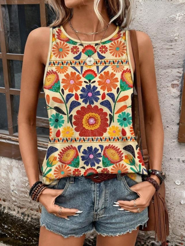  Women's Camisole Tank Top Floral Graphic Bohemia Hawaiian Ethnic Sleeveless Crew Neck Regular Tops Daily Print Black Yellow Summer Spring