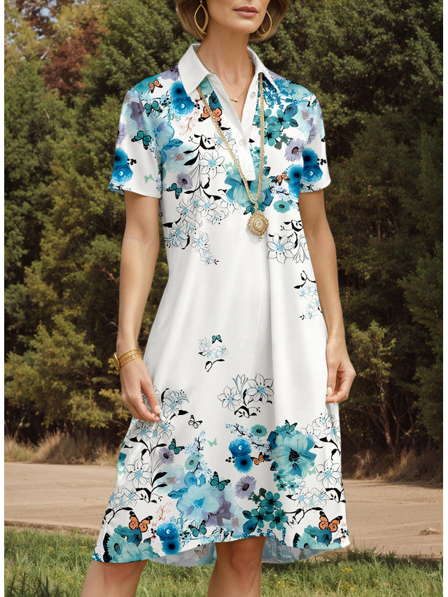  Women's Midi Dress A Line Dress Vacation Casual Daily Date Regular Fit Floral Graphic Butterfly Short Sleeve Shirt Collar Blue Summer Spring