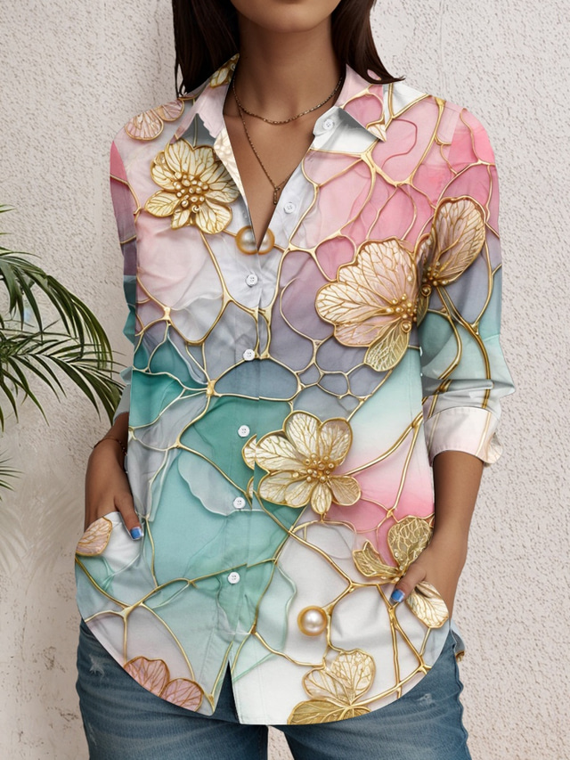 Women's Shirt Long Sleeve Button Down Blouse Floral Graphic Daily Stylish Modern Short Sleeve Shirt Collar Regular Tops Daily Holiday Party Outfits Pink Summer Spring