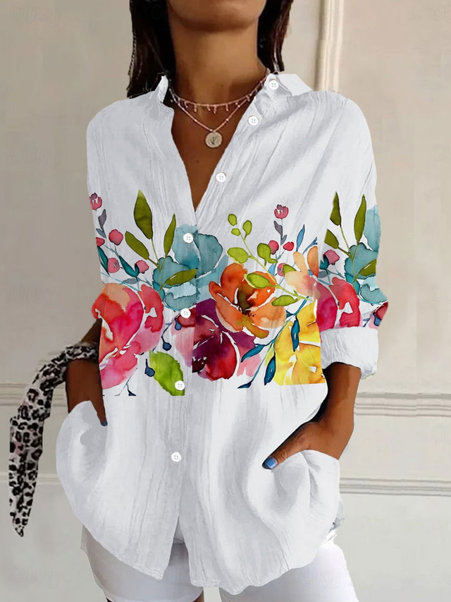  Women's Shirt Floral Graphic Daily Stylish Casual Long Sleeve Shirt Collar Regular Tops Work Daily Buttons Print White Pink Orange Summer Spring