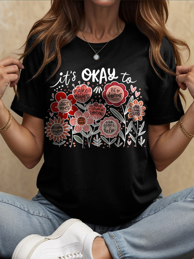  Women's T Shirt Floral Graphic Letter Vintage Stylish Classic Short Sleeve Crew Neck Round Neck Regular Tops Daily Print Black White off-white Summer Spring Be Kind