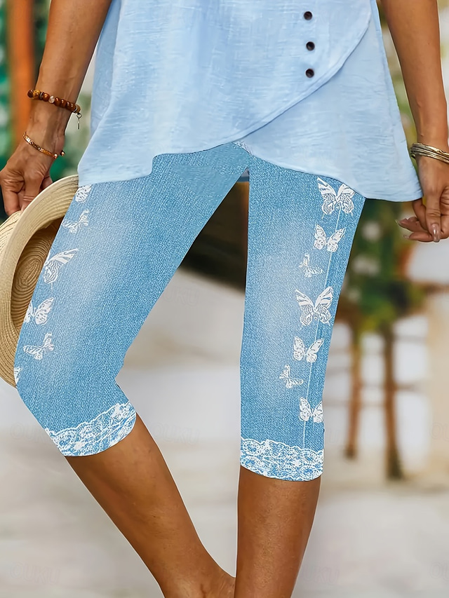  Kvinno leggings capribyxor 3D-print hög elasticitet semester vintage mode kalvlängd hög midja fjäril abstrakt utskrift andningsbar mjuk stretchig formell utomhus semester Robin's egg blå