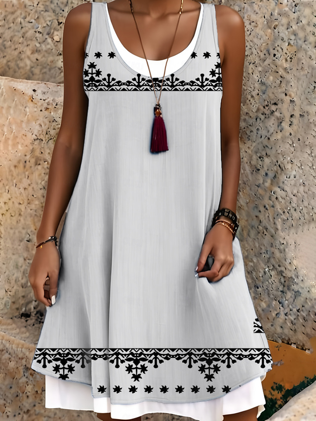  Women's Midi Dress Tank Dress Fashion Classic Outdoor Daily Weekend Regular Fit Graphic Geometric Sleeveless Crew Neck Black And White Summer Spring Fall
