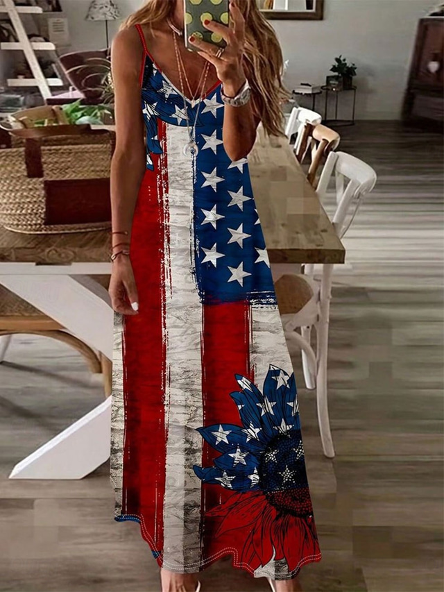  Independence Day Women's Patriotic Fourth of July Dress Maxi Dress Sundress A Line Dress Slip Dress Vacation Casual Going out Beach Regular Fit Graphic National Flag Sleeveless V Neck Red