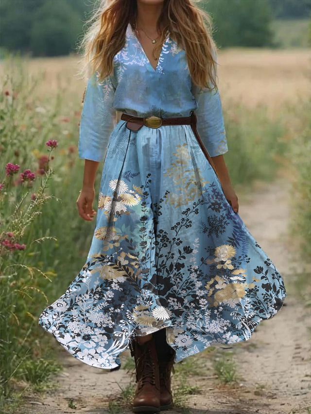  Damen Boho Kleid Western Kleid Vintage Maxi Kleid Sommerkleid Faltendes Kleid Urlaub Lässig Boho Ausgehen Strand Standard Fit Floral Grafik 3/4 Länge Ärmel V-Ausschnitt Weiß Hellgrün Blau