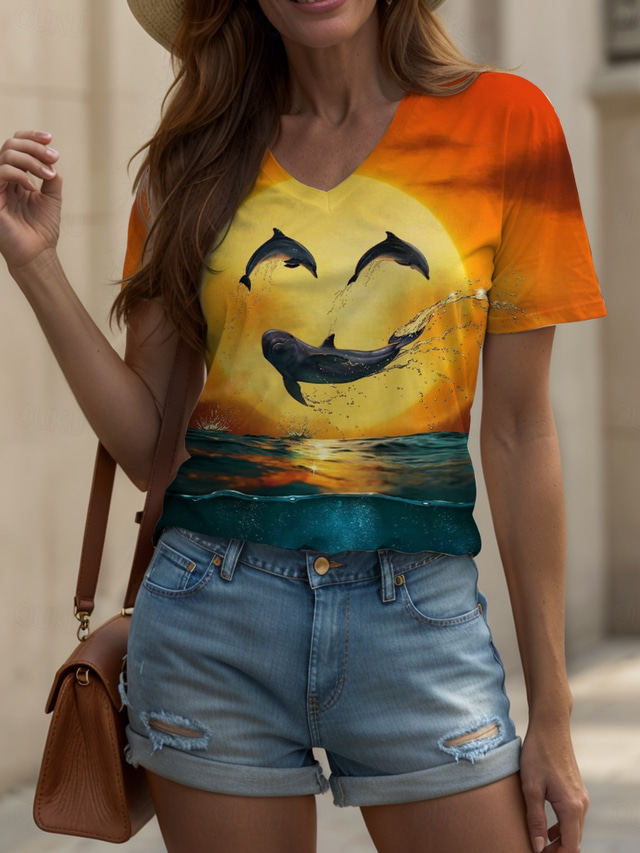  Dolphin's Smile Face By Vincent Hie Women's T Shirt Graphic Animal Vintage Stylish Classic Short Sleeve Crew Neck Round Neck Regular Tops Daily Print Orange Summer Spring