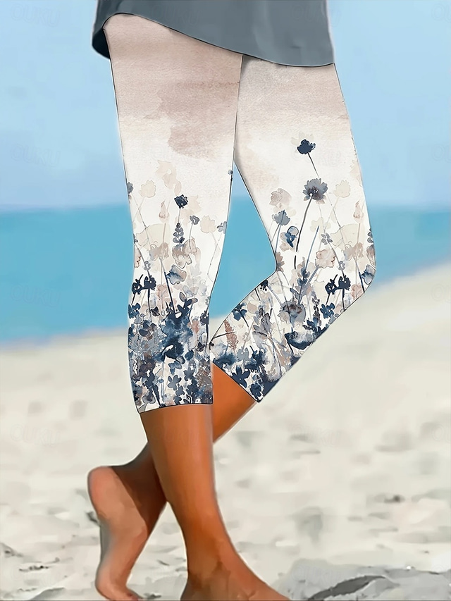  Women's Leggings Capri Pants High Elasticity Vacation Vintage Fashion Calf-Length High Waist Floral Graphic Gradient Printing Breathable Soft Stretchy Vacation Casual Daily Blue Summer Spring