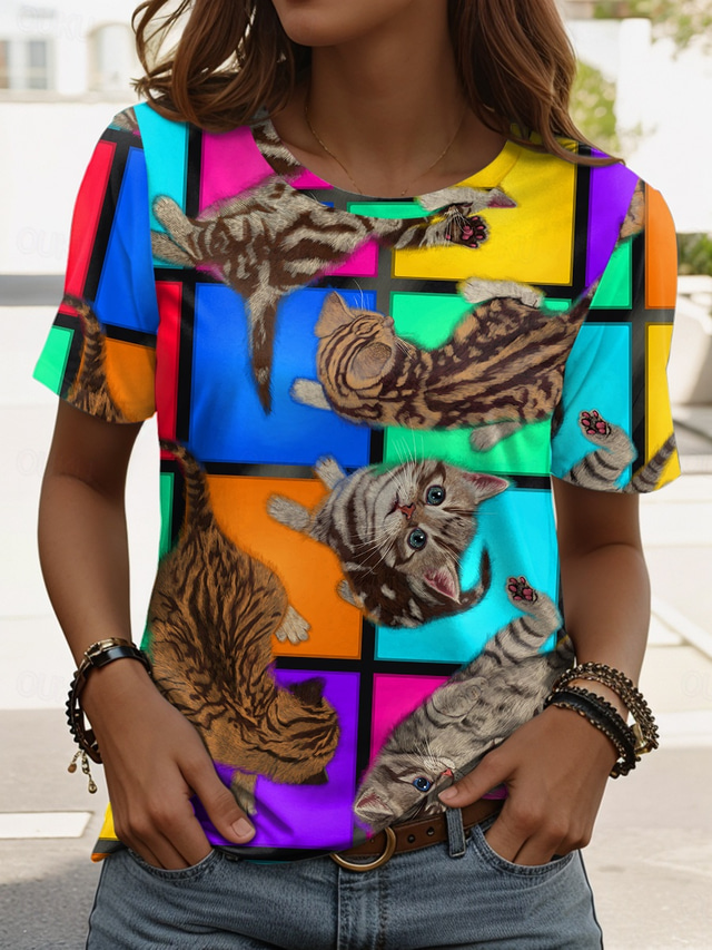  Saturday Night Fever Kittens By Vincent Hie Women's T Shirt Cat Vintage Stylish Modern Short Sleeve Crew Neck Regular Tops Daily Print Rainbow Summer
