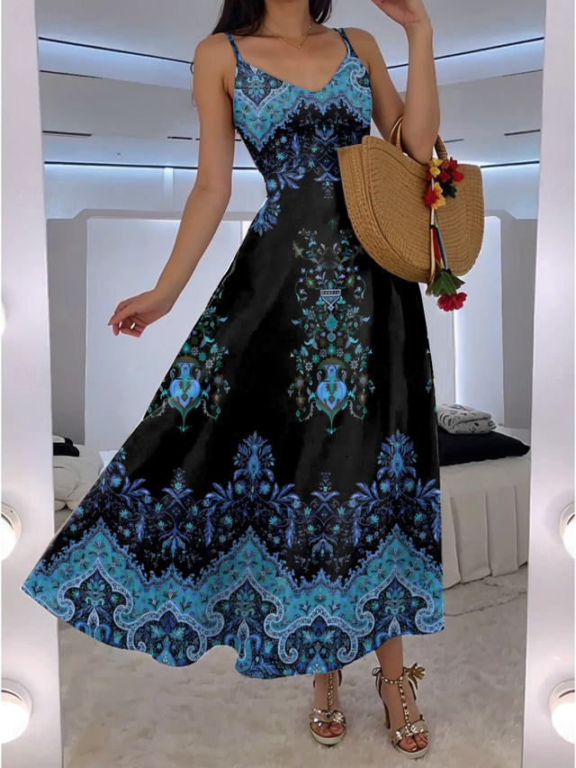  Women's Maxi Dress A Line Dress Slip Dress Vacation Casual Boho Going out Beach Regular Fit Floral Graphic Paisley Sleeveless V Neck Black Red Blue Purple Summer Spring