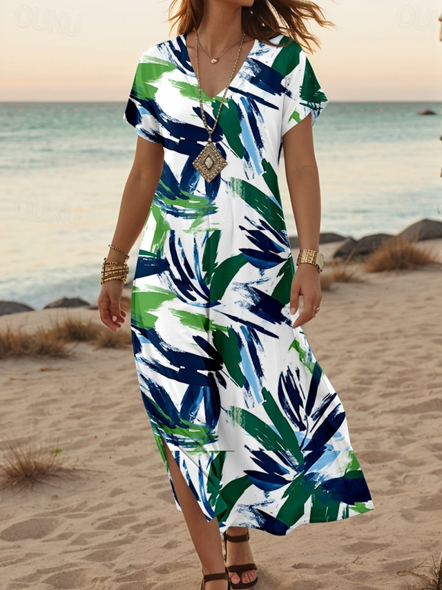  Femmes Robe Midi Robe d'Été Robe trapèze Robe d'été Vacances Occasionnel Quotidien Coupe régulière Fleuri Graphique Manche Courte Col en V Vert Été Printemps Automne