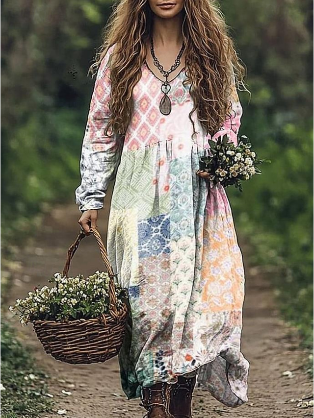  Damen Maxikleid Sommerkleid Faltenkleid Urlaub Lässig Boho Ausgehen Strand Standard Passform Blumen Grafik Paisley-Muster Langarm V Ausschnitt Rosa Blau Orange Khaki Sommer Frühling