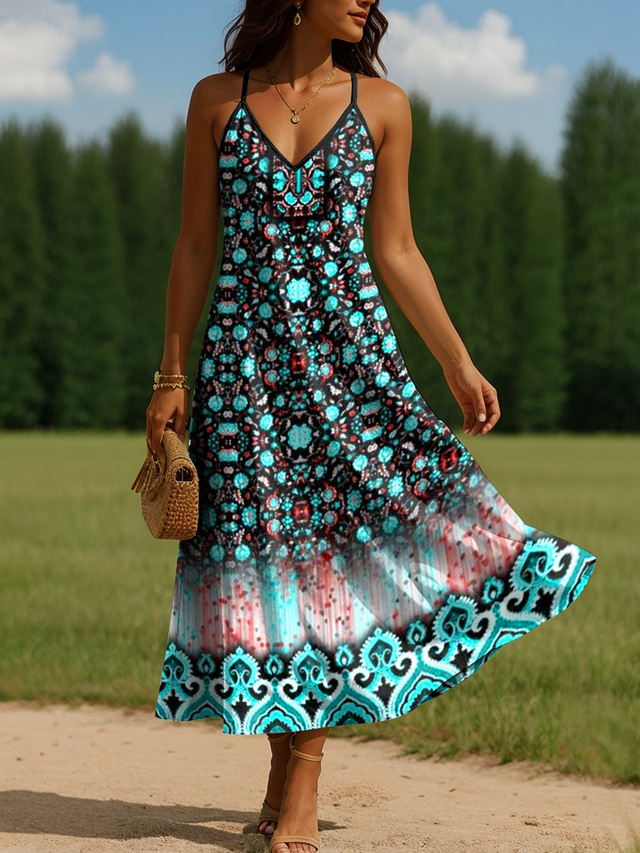  Per donna Abito maxi Abito a trapezio Abito Sottoveste Vacanza Casual All'aperto Vestibilità regolare Floreale Grafico Senza Maniche Scollo a V Spalline sottili Giallo Rosso Blu Viola Estate Primavera