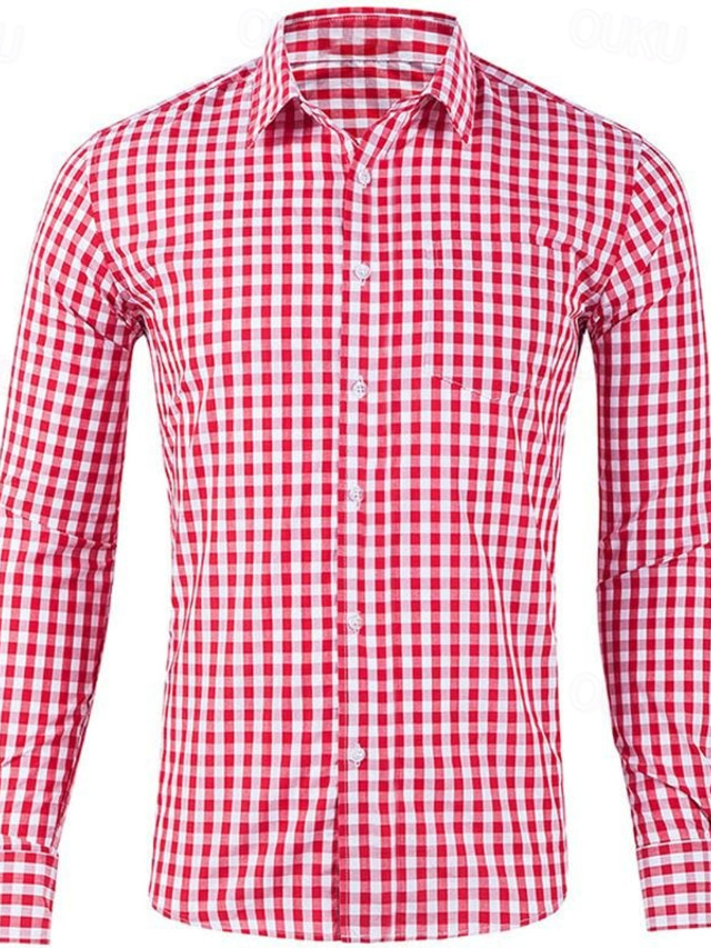  Men's Shirt Casual Shirt Button Up Shirt Checked Shirts Light Coffee Black Pink Red Blue Long Sleeve Plaid / Check Lapel Vacation Street Print Clothing Apparel Polyester Fashion Leisure Hawaiian