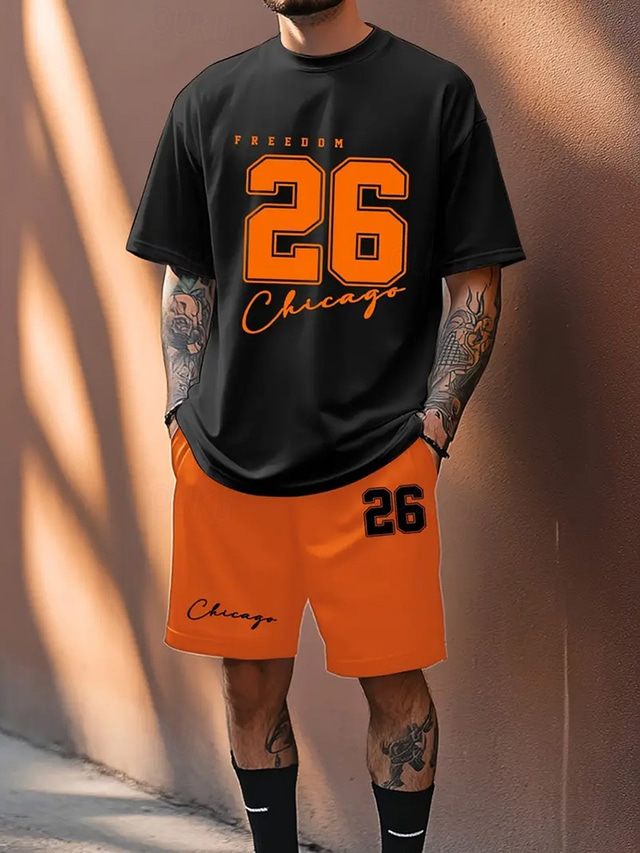  Men's Text / Number 2pcs Tees sets Summer Tops Short Sleeve Short Pants Crew Neck Athleisure Sport Casual Daily Crewneck Summer Black White Green