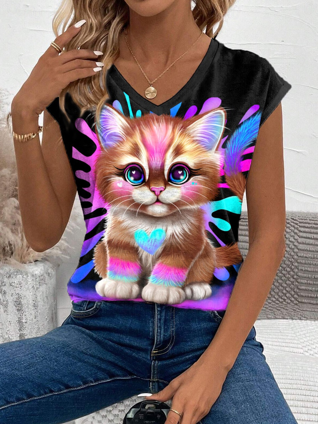 Lil Kitty By Sheena Pike Women's Camisole Tank Top Graphic Animal Vintage Tropical Stylish Sleeveless V Neck Regular Tops Daily Holiday Black Summer Spring