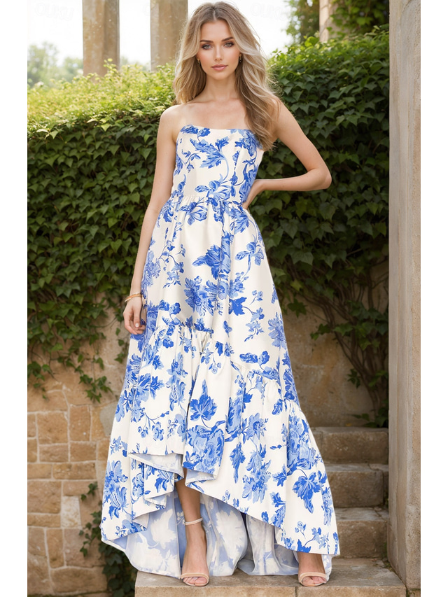  Blue A-Line Cocktail Dresses Elegant Dress Semi Formal Beach Wedding Floor Length Sleeveless Strapless Satin with Floral Print Ruffles Wedding Guest Dress 2025