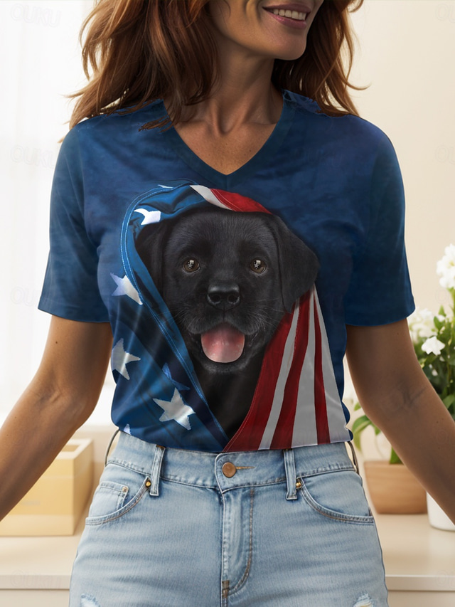  Black Lab Puppy By Vincent Hie Women's Patriotic  T Shirt Graphic Animal Dog Vintage Stylish Classic Short Sleeve Crew Neck V Neck Round Neck Tops Daily Weekend Print
