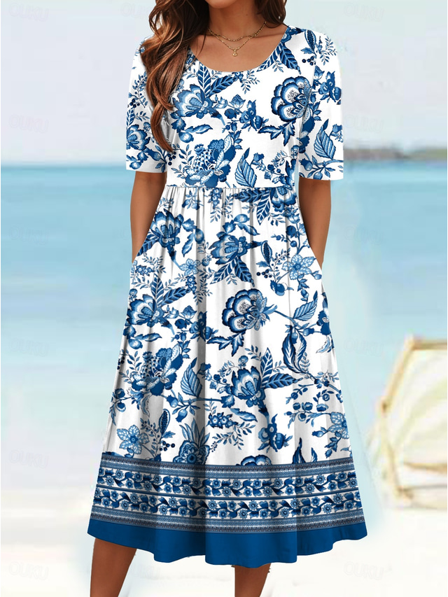  Dames Halflange jurk Zomerjurk Geplooide jurk Vakantie Casual Strandstijl Dagelijks Feestdagen Normale pasvorm Bloemig Grafisch Paisley Korte mouw Strakke ronde hals blauw Oranje Groen Zomer
