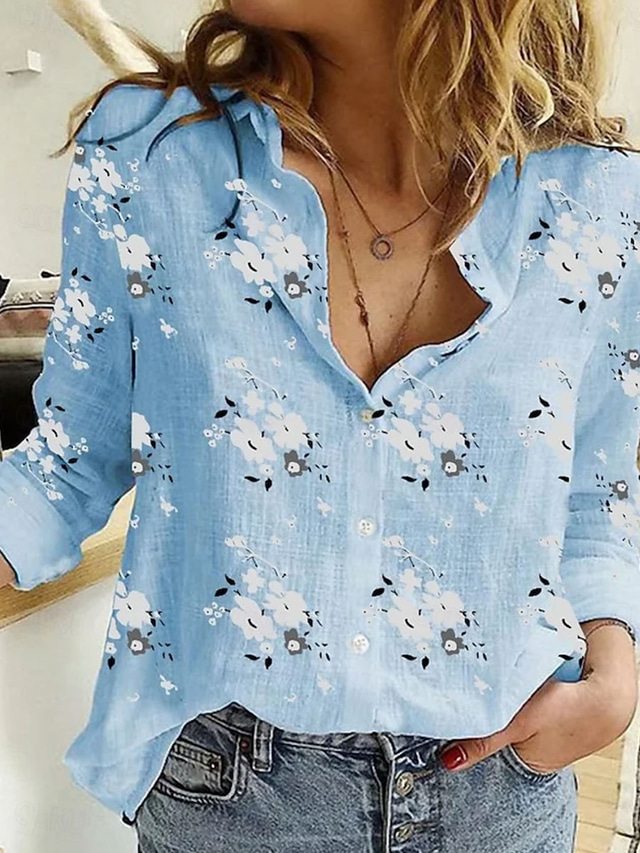  Women's Shirt Long Sleeve Button Down Blouse Floral Graphic Daily Stylish Casual Shirt Collar Regular Tops Work Daily Buttons Print Blue Summer Spring Fall Winter