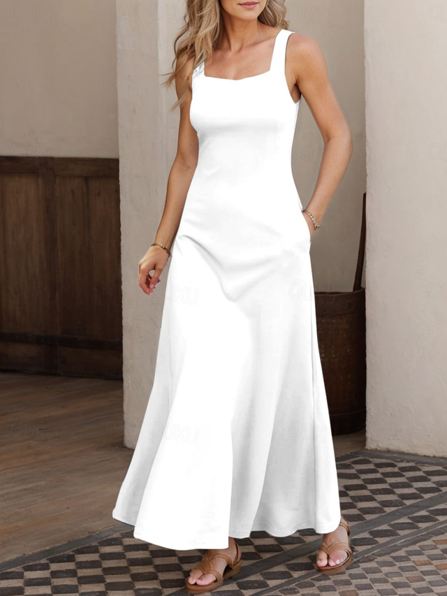  Damen Maxikleid A Linie Kleid Sommerkleid Schulterfreies Kleid Urlaub Lässig Party Date Normale Passform Einfarbig Grafik Ärmellos Quadrathals Schwarz Weiß Rosa Grau Sommer Frühling