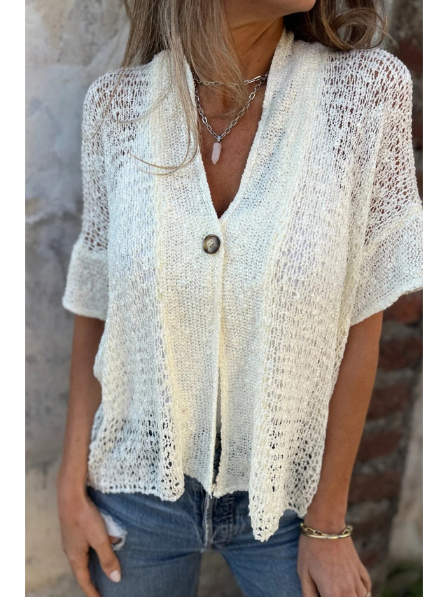  Women's Blouse Plain Basic Modern Casual Half Sleeve V Neck Regular Tops Daily Holiday Going out Buttons Black White Pink Brown Green Summer