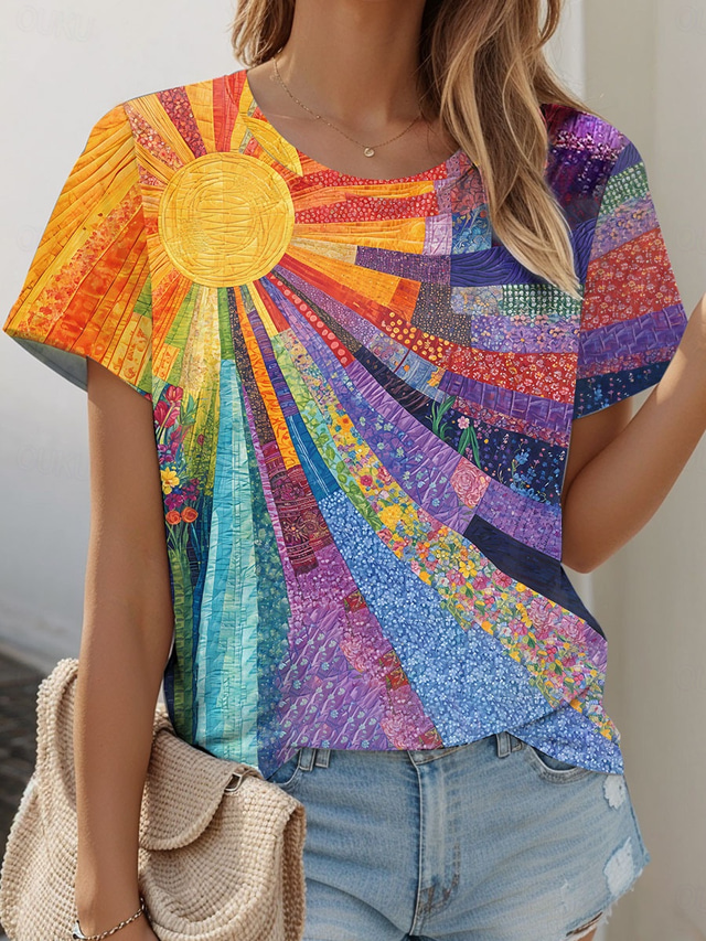  Women's T Shirt Ombre Floral Graphic Vintage Stylish Casual Short Sleeve Crew Neck Regular Tops Daily Weekend Print Orange Summer