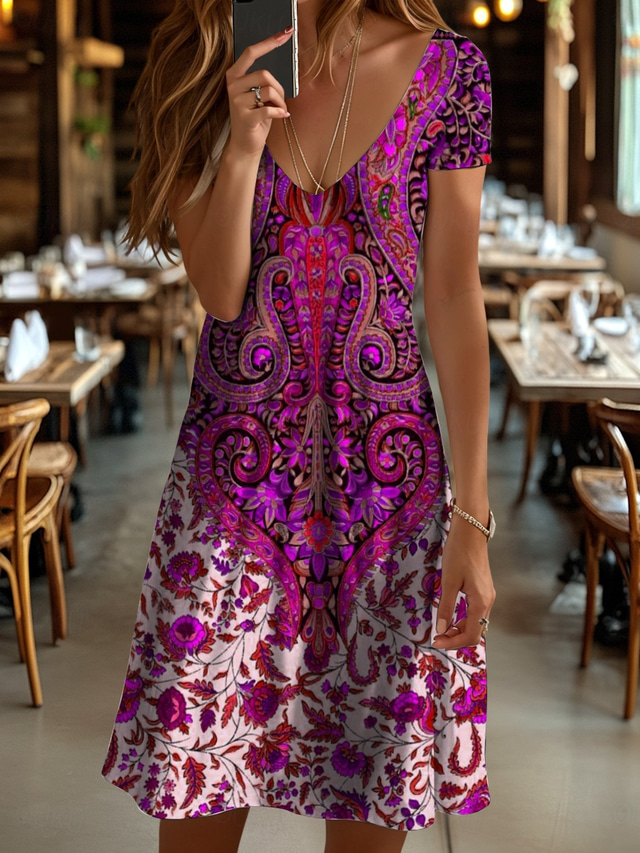  Women's Mini Dress Knit Dress Casual Dress T Shirt Dress Tee Dress Sundress Vacation Casual Beach Regular Fit Floral Graphic Vintage Short Sleeve V Neck Red Blue Purple Green Summer Spring