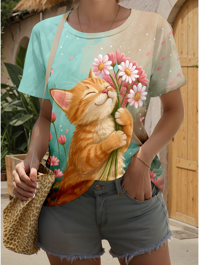  Women's T Shirt Graphic Animal Cat Stylish Classic Modern Short Sleeve Crew Neck Round Neck Regular Tops Daily Going out Weekend Print Orange Summer Spring