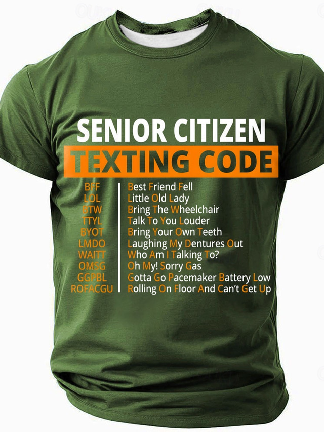  Men's Funny Graphic T-Shirt Senior Citizen Texting Code Humor Lifestyle Tee for Old Age Jokes