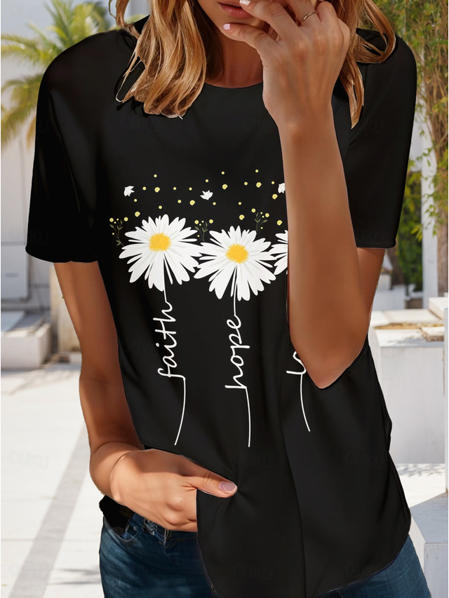  Women's T Shirt Graphic Plants Letter Stylish Classic Modern Short Sleeve Crew Neck Round Neck Regular Tops Daily Going out Weekend Print Black Summer Spring