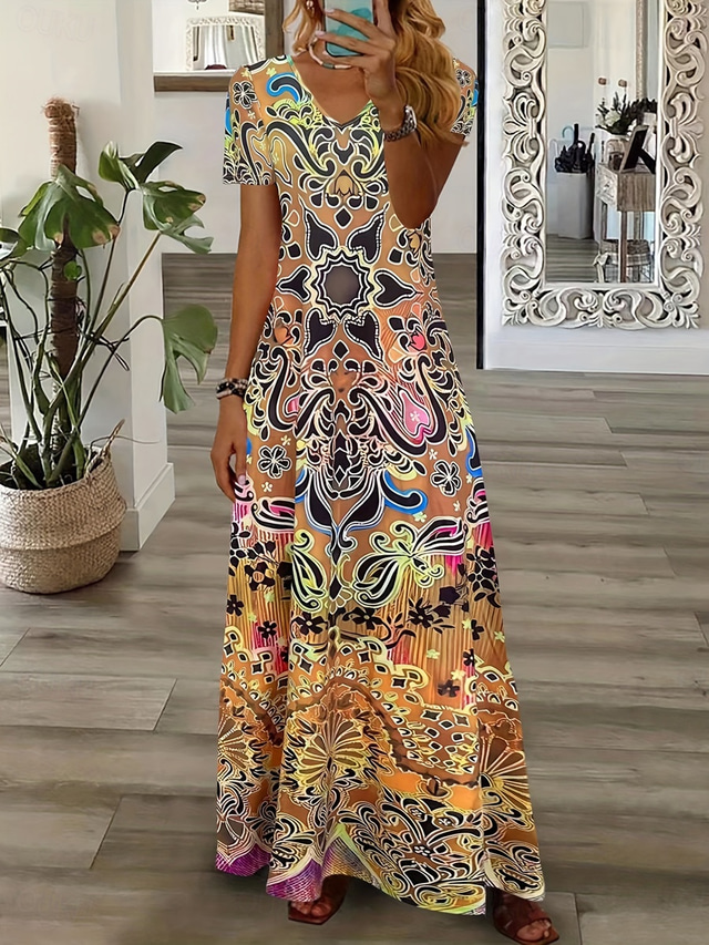  Pentru femei Rochie Maxi Rochii Tricou Rochie de Vară Rochie de vară Vacanță Boho Concediu Fit regulat Grafic Tribal Abstract Manșon scurt Stil Nautic Galben Albastru piscină Mov Portocaliu Var