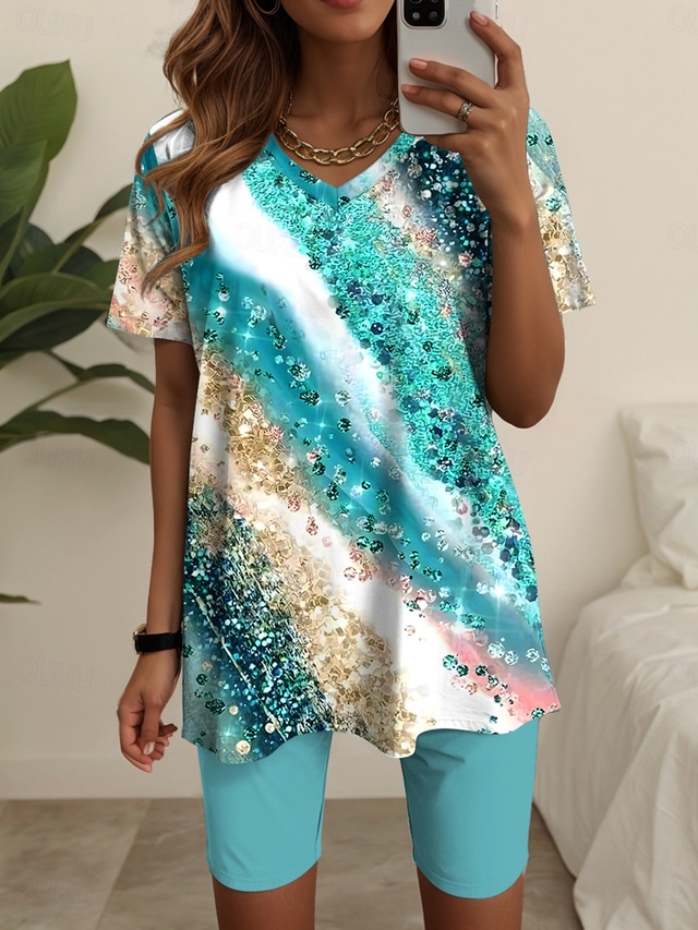  Ensembles de mode pour femmes en 2 pièces t-shirt et shorts manches courtes col en V impression graphique géométrique décontracté quotidien bleu vert été coupe régulière
