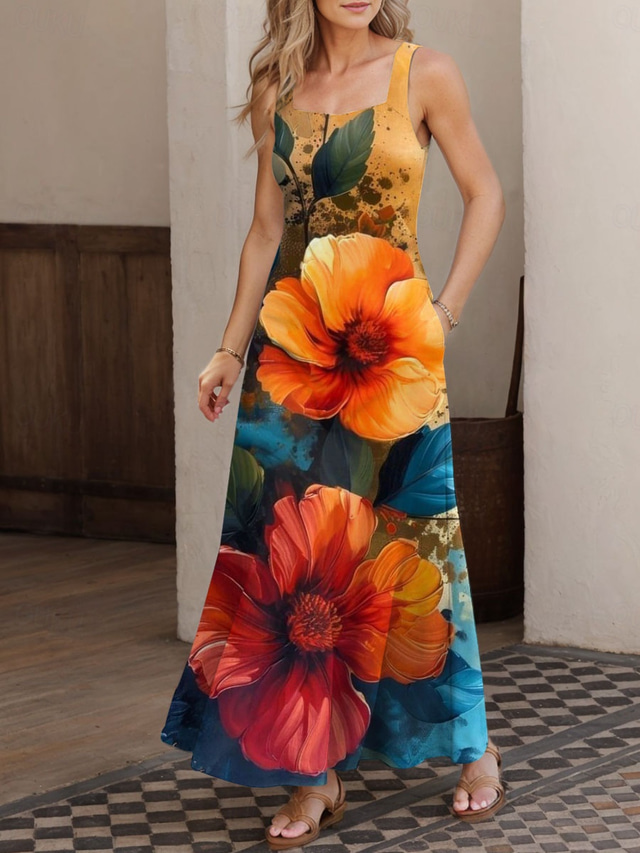  Pentru femei Rochie Maxi Rochie A line Rochie de vară Rochie cu umeri Vacanță Casual Petrecere Dată Fit regulat Floral Grafic Fără manșon Pătrat Portocaliu Vară Primăvară