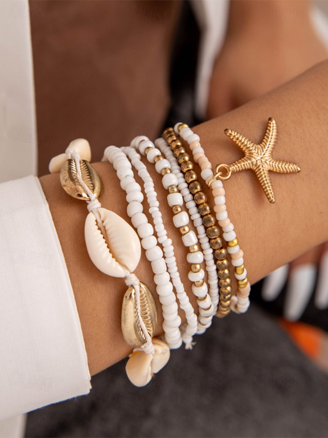  Women's Boho Shell Beaded Bracelet Set - 7-Piece Starfish Charm Stretch Bracelet in Various Colors for Summer Beach Wear and Resort Wear