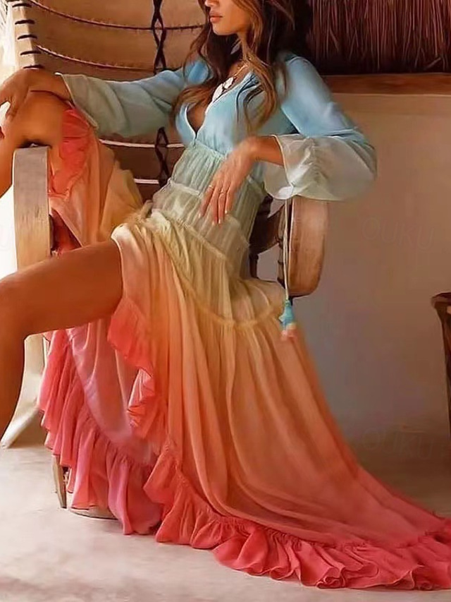  Mujer Vestido Midi Vestido de flores Moda Moderno Diario Noche Fin de semana Ajuste regular Ombre Manga Larga Escote en Pico Rojo Azul Piscina Morado Verano
