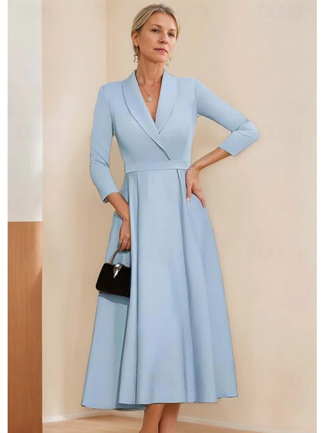  A-Line Blazer Dress Mother of the Bride Dress Tuxedo Dress Stretch Crepe Elegant Simple Lapel Neckline Tea Length Satin 3/4 Length Sleeve with Solid Color