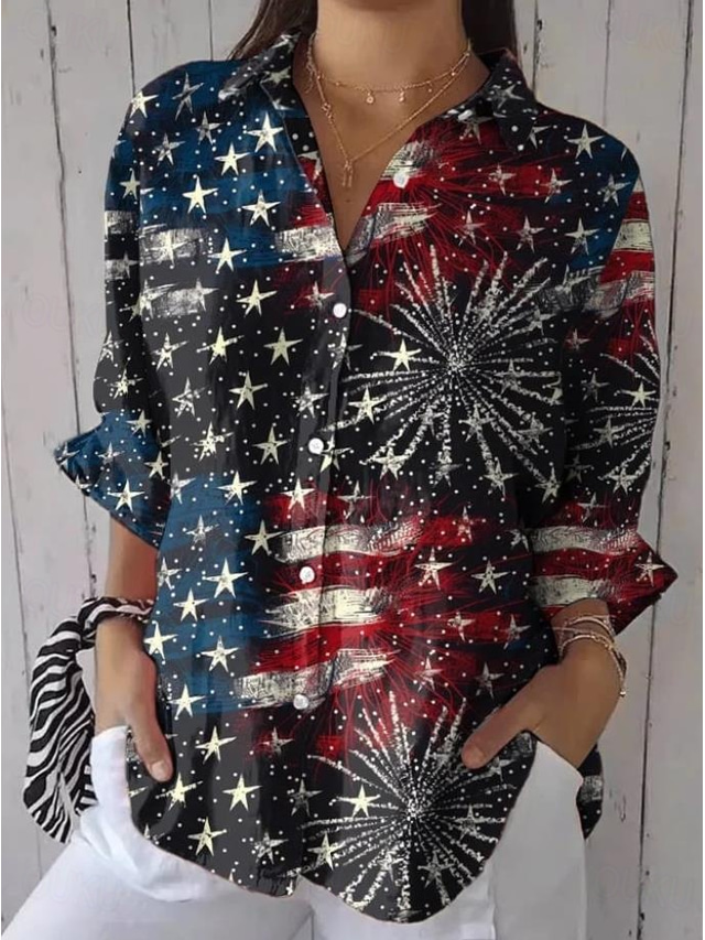  Women's Patriotic  Shirt Graphic Flag USA Vintage Daily Stylish Long Sleeve Shirt Collar Regular Tops Work Daily Buttons Print White Blue Khaki Summer Spring